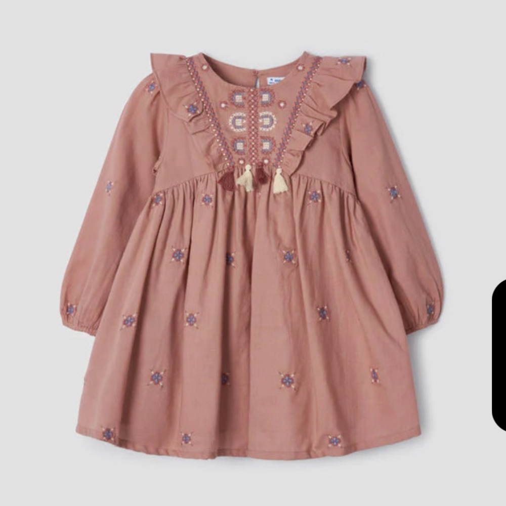 Pink Long Sleeve Embroidered Girls Dress With Fringers | Mayoral